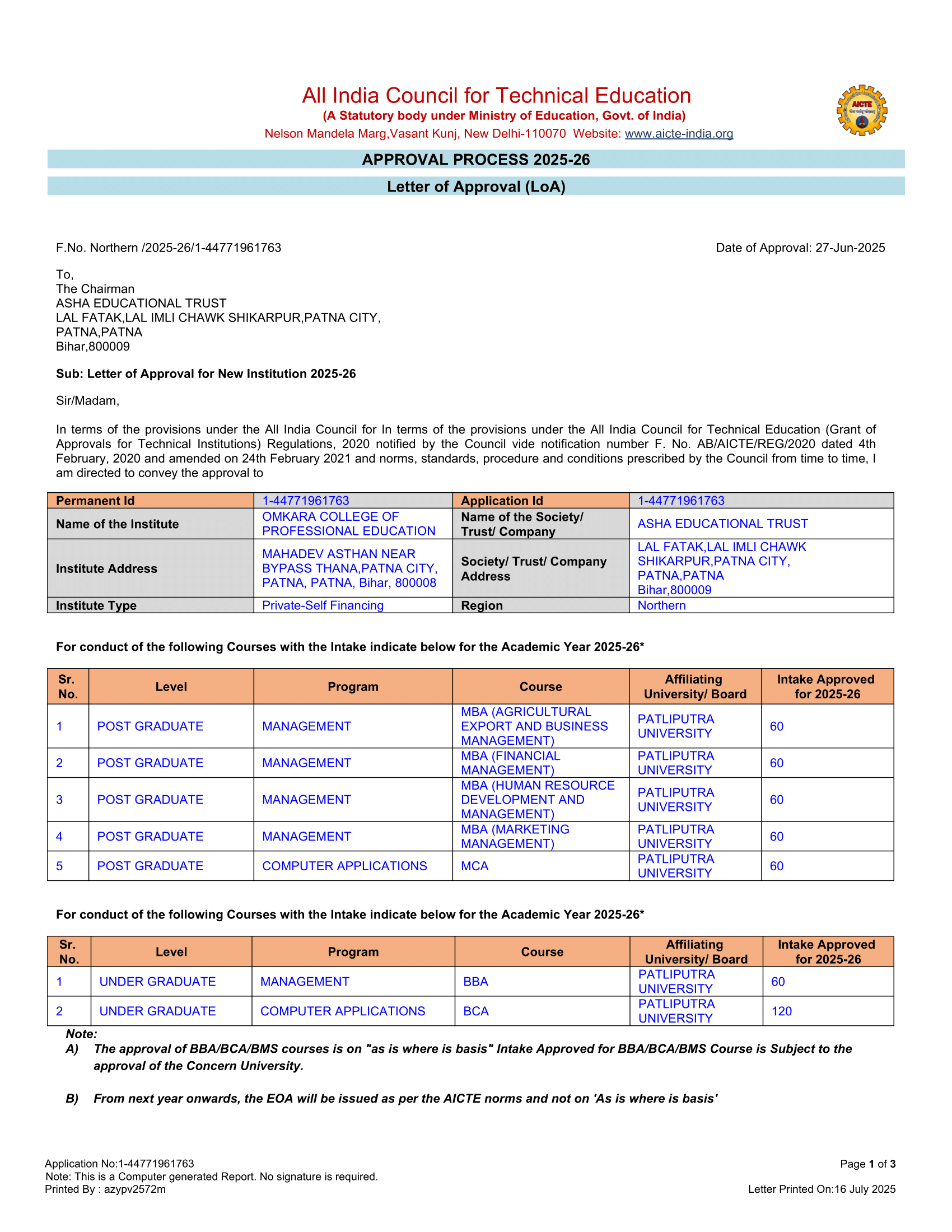 AICTE Approval - Omkara College of Professional Education